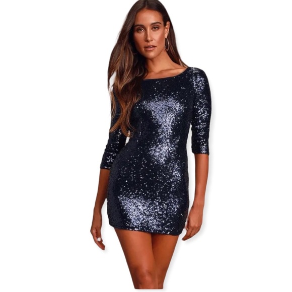 LULU’S Navy Blue Delightful Ways Sequin Mini Dress M NWT - Picture 2 of 13